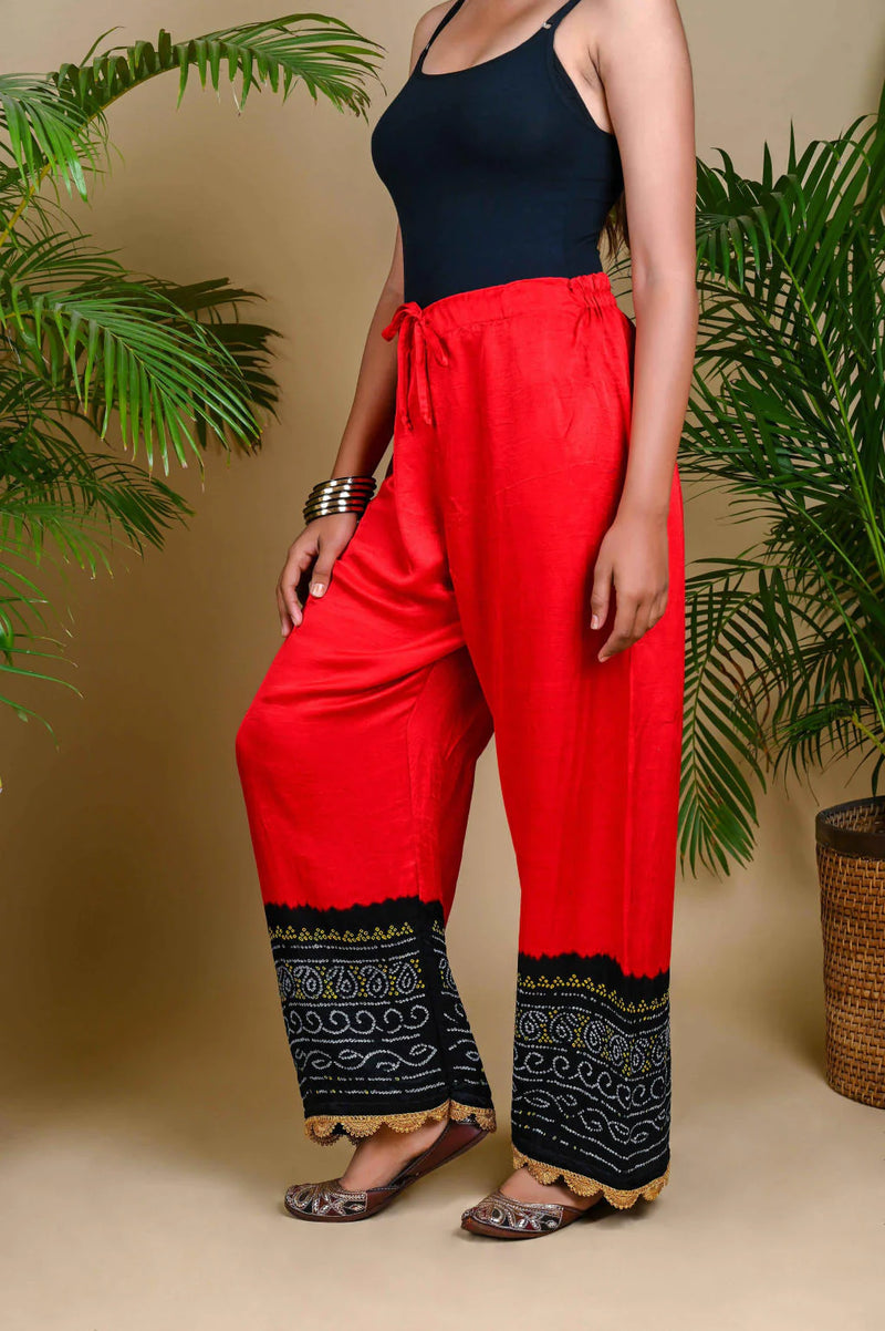 BANDHANI PANTS-BLACK & RED silk by Dyelogue in red color for women in Singapore