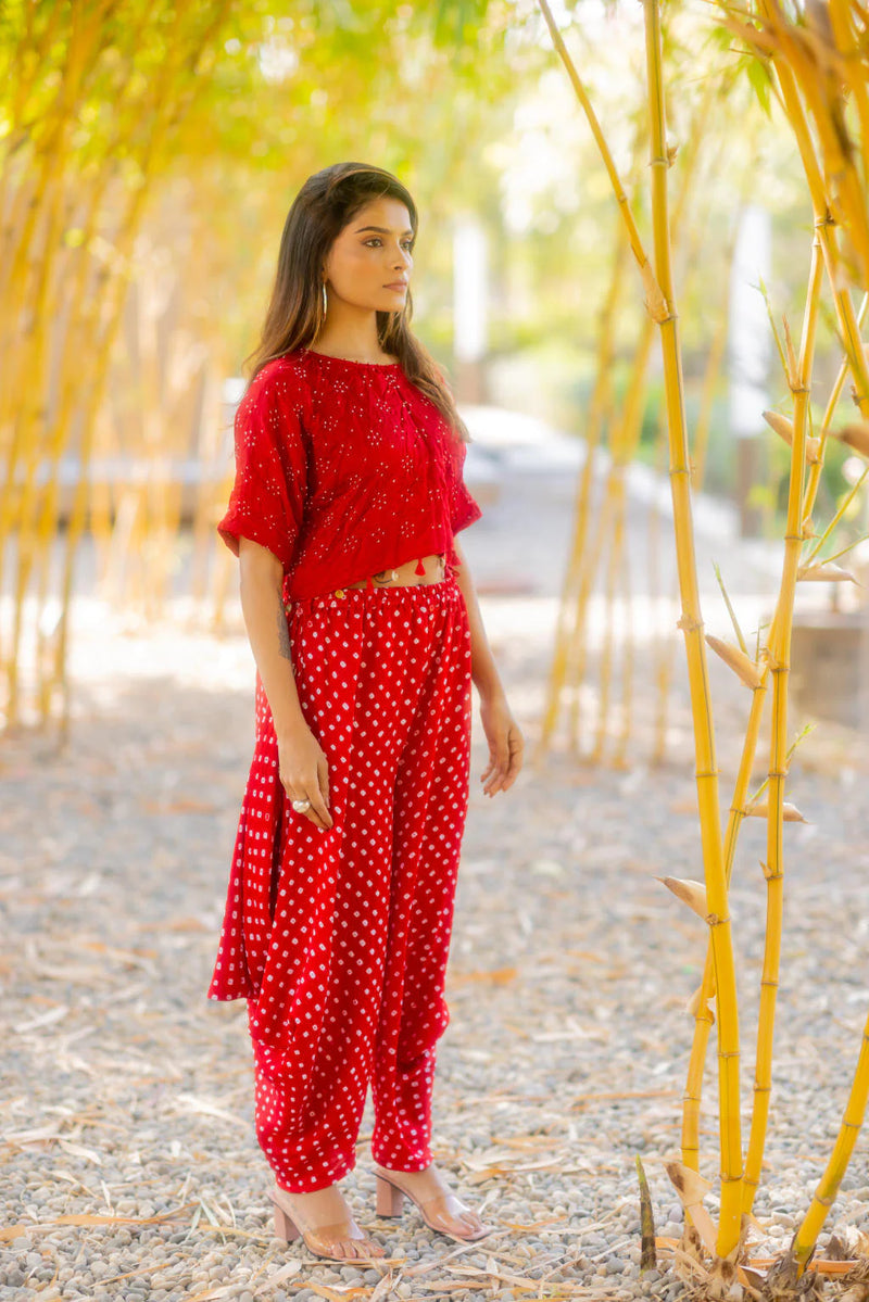 BANDHANI WRAP DHOTI-RED silk by Dyelogue in red color for women in Singapore