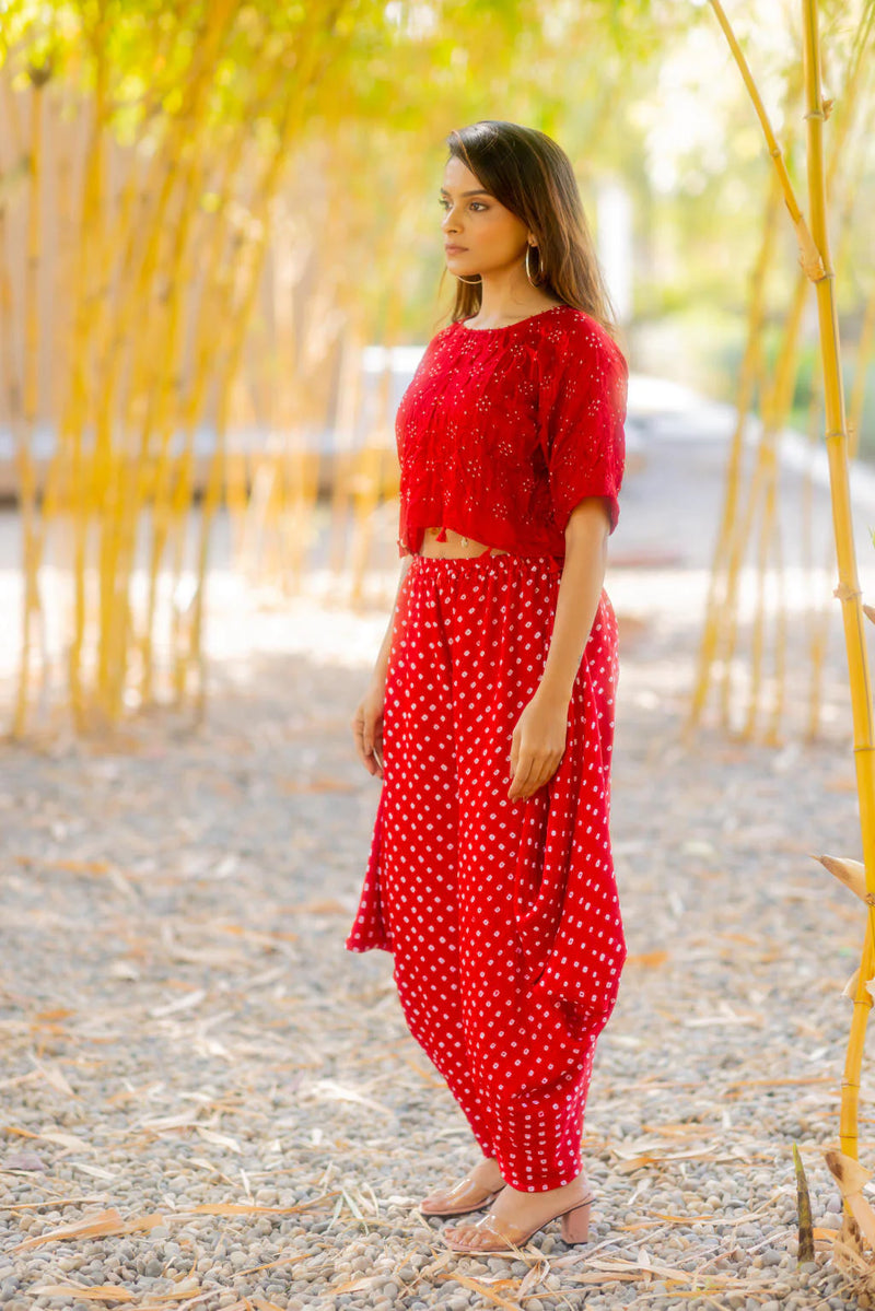 BANDHANI WRAP DHOTI-RED silk by Dyelogue in red color for women in Singapore