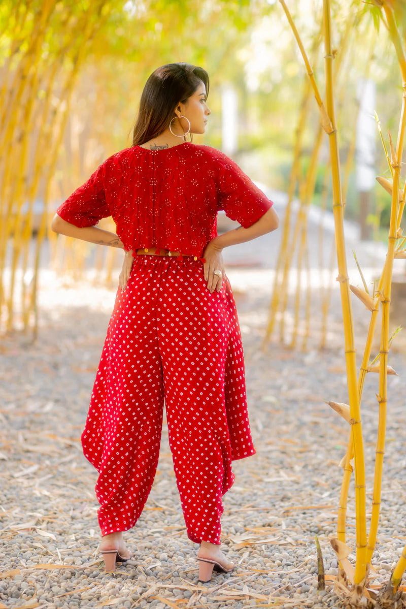 BANDHANI WRAP DHOTI-RED silk by Dyelogue in red color for women in Singapore
