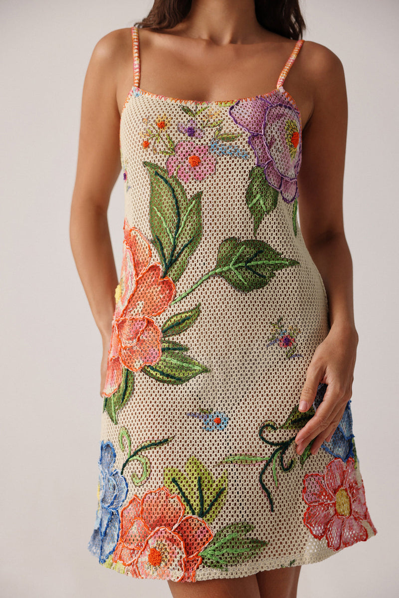 Bardot Mini-Bloom Dress crochet resort wear by NOIB in beige for women in Singapore