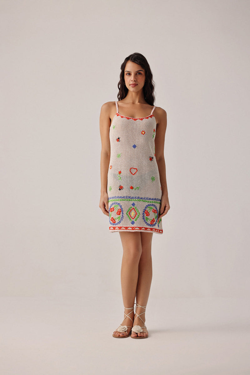 Bardot Mini-Ecru Dress crochet resort wear by NOIB in beige for women in Singapore