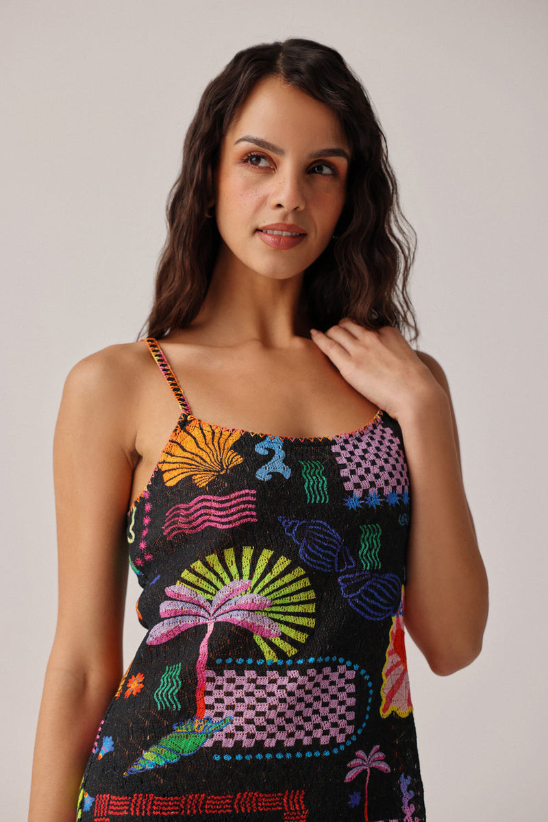 Bardot Mini-Seascape Dress crochet resort wear by NOIB in black for women in Singapore