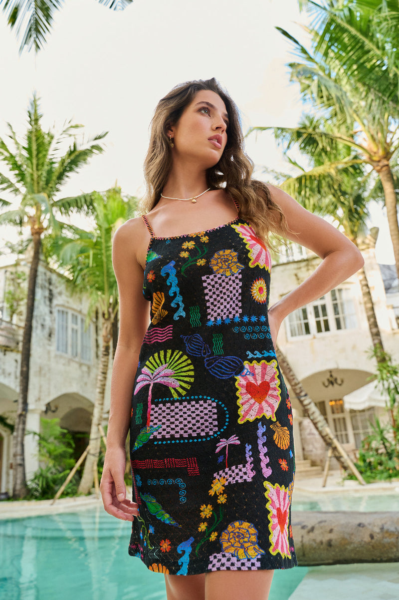 Bardot Mini-Seascape Dress crochet resort wear by NOIB in black for women in Singapore