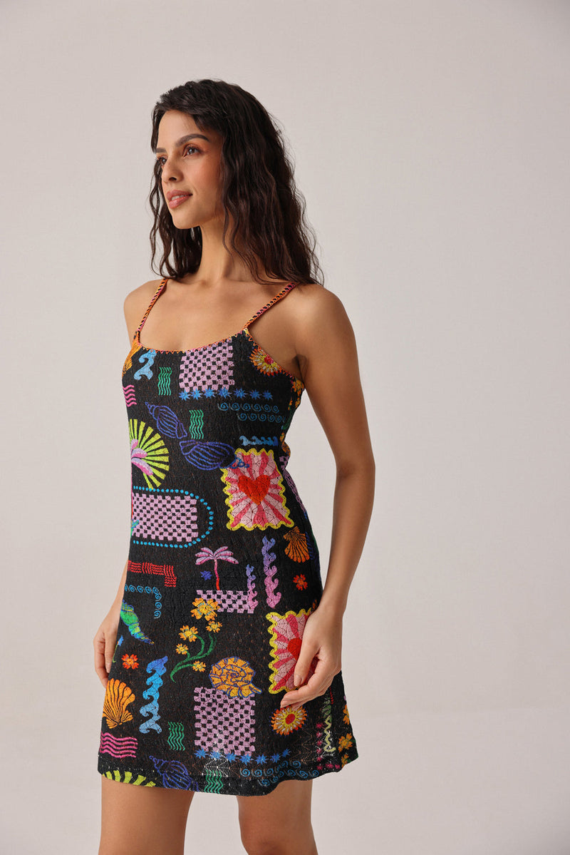 Bardot Mini-Seascape Dress crochet resort wear by NOIB in black for women in Singapore