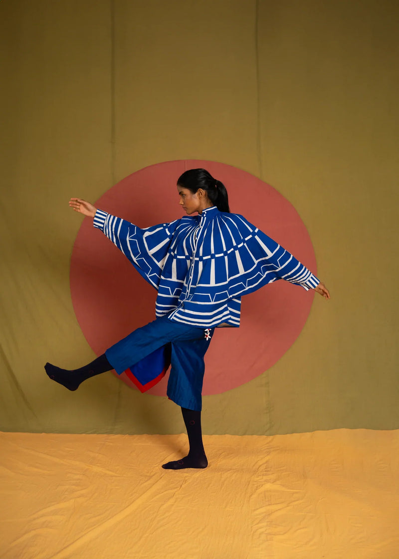 Batana Simp Jacket-White and Blue cotton jacket/overlay by Ka-Sha in blue for women in Singapore