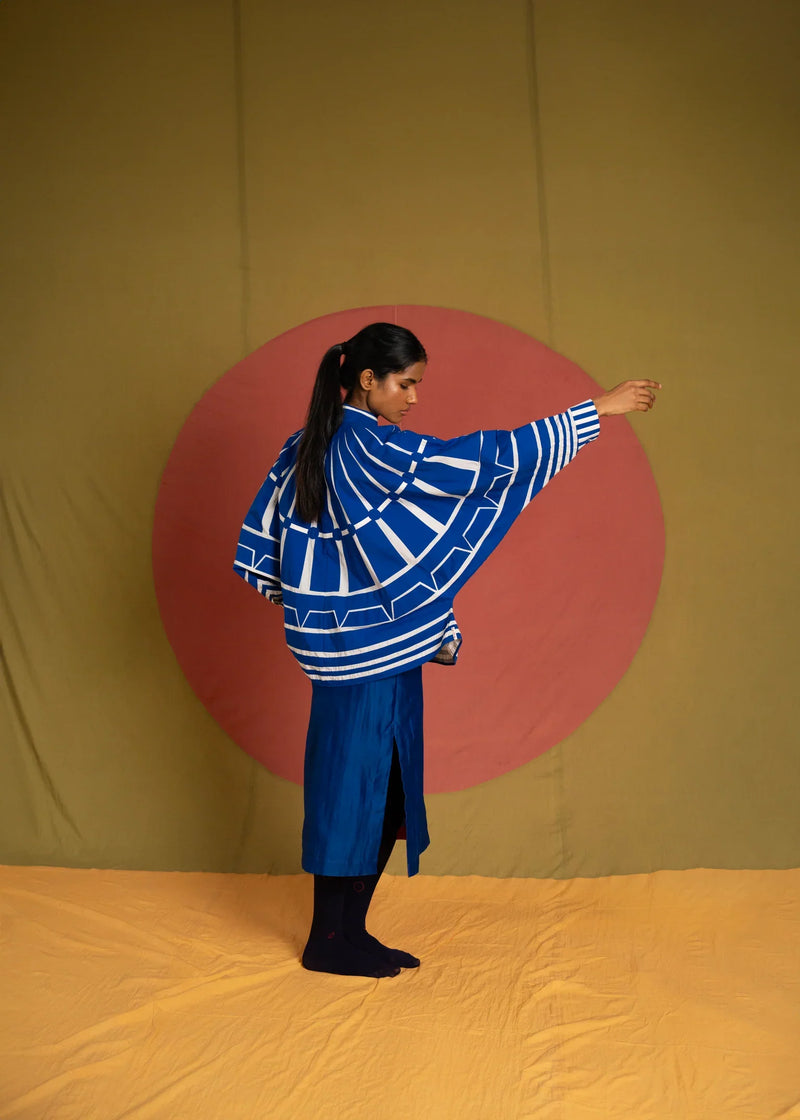 Batana Simp Jacket-White and Blue cotton jacket/overlay by Ka-Sha in blue for women in Singapore