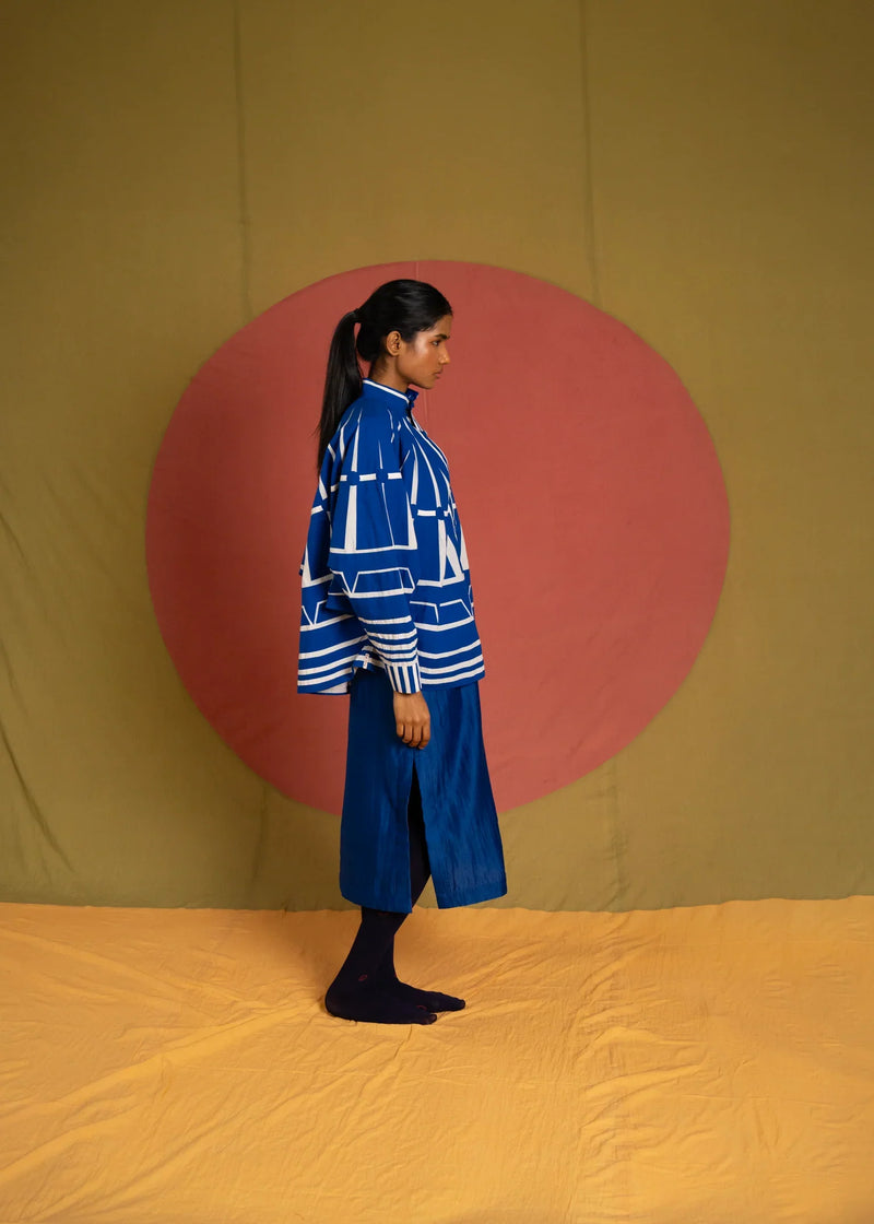 Batana Simp Jacket-White and Blue cotton jacket/overlay by Ka-Sha in blue for women in Singapore