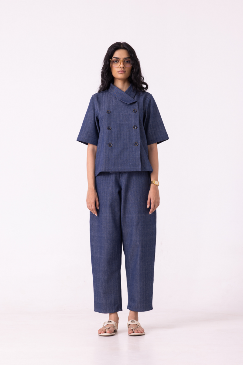 Becky Blue Handwoven Denim top cotton by The Summer House for women in Singapore