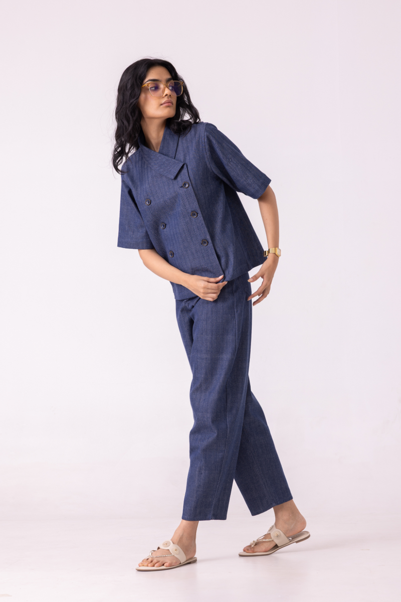 Becky Blue Handwoven Denim top cotton by The Summer House for women in Singapore