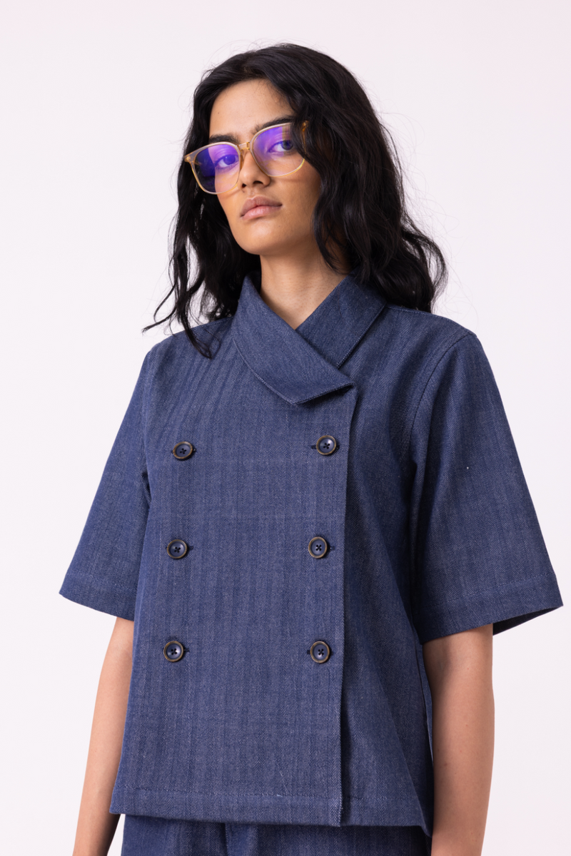 Becky Blue Handwoven Denim top cotton by The Summer House for women in Singapore