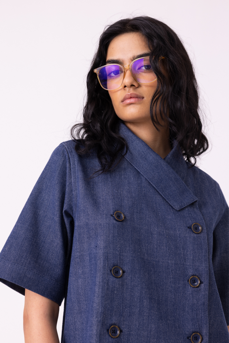 Becky Blue Handwoven Denim top cotton by The Summer House for women in Singapore
