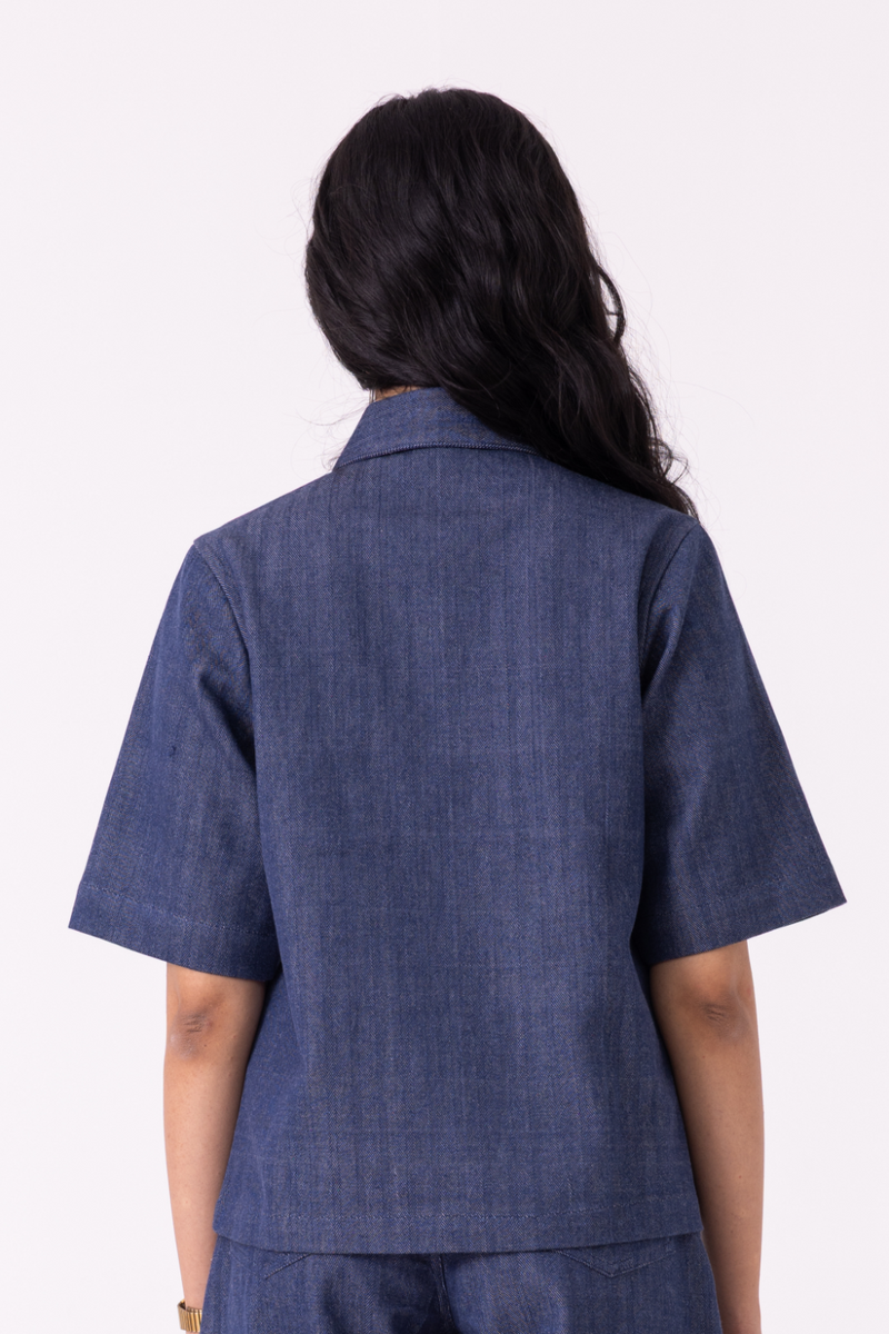 Becky Blue Handwoven Denim top cotton by The Summer House for women in Singapore