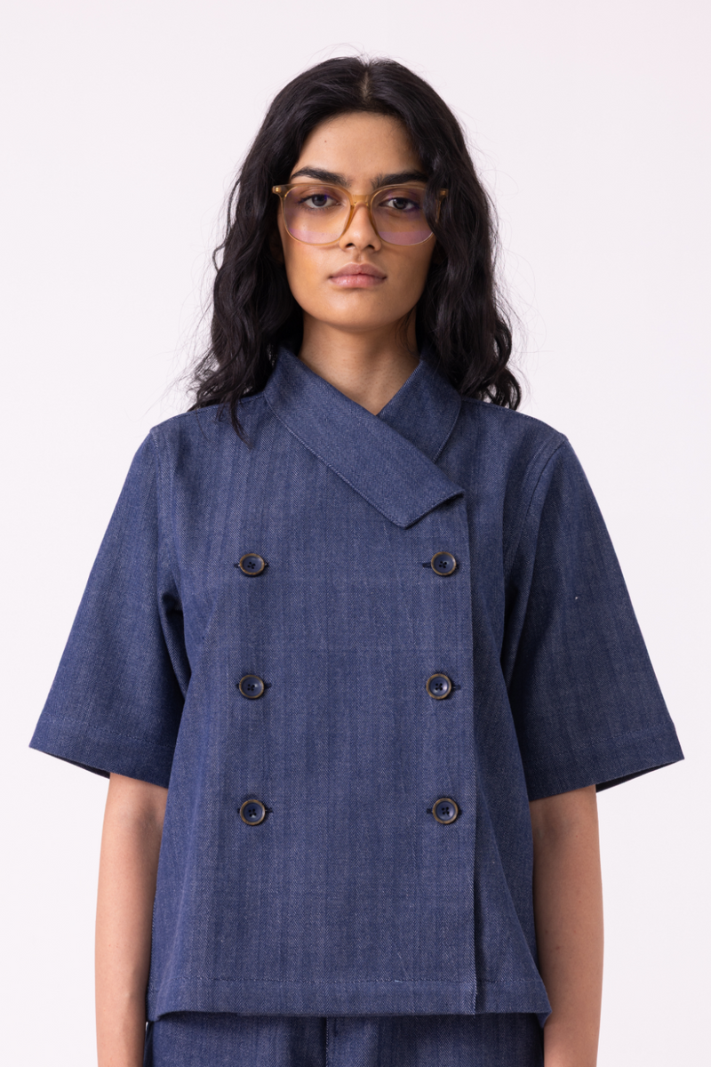 Becky Blue Handwoven Denim top cotton by The Summer House for women in Singapore