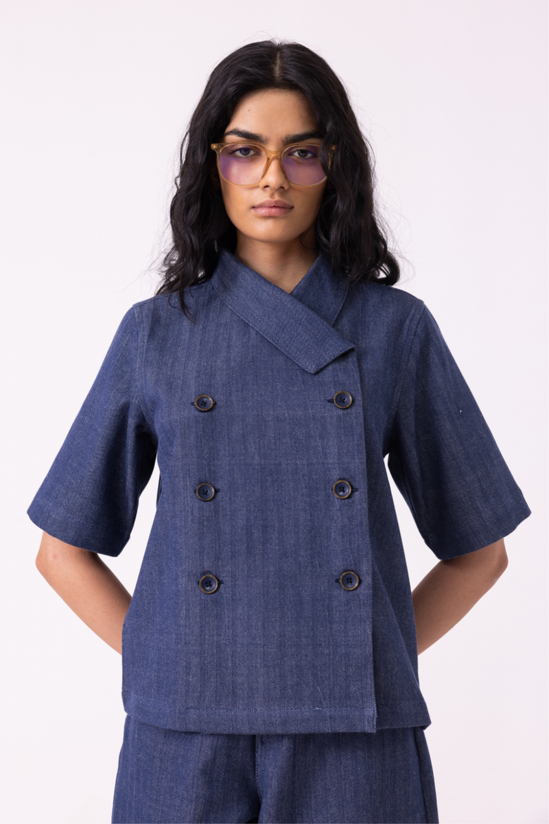 Becky Blue Handwoven Denim top cotton by The Summer House for women in Singapore
