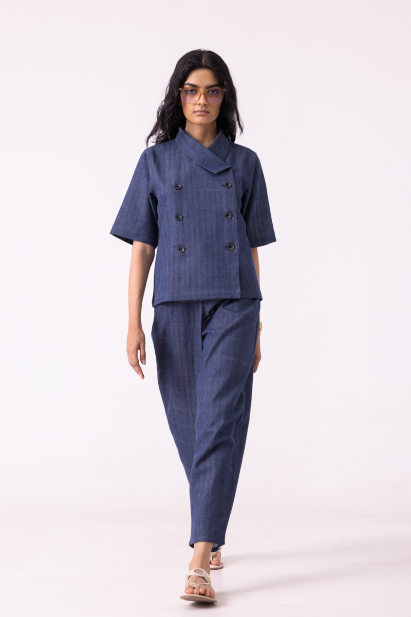 Becky Blue Handwoven Denim top cotton by The Summer House for women in Singapore