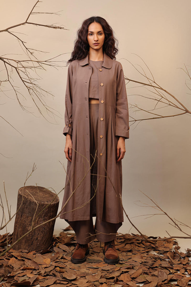 Beige Cali Trench Jacket Set (3 PCS) 100% cotton by Mati in beige color for women in Singapore