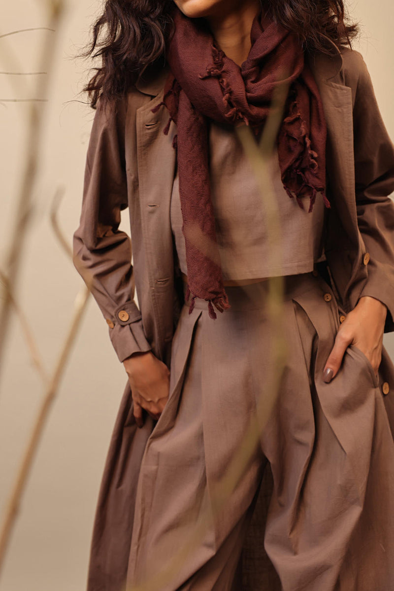 Beige Cali Trench Jacket Set (3 PCS) 100% cotton by Mati in beige color for women in Singapore