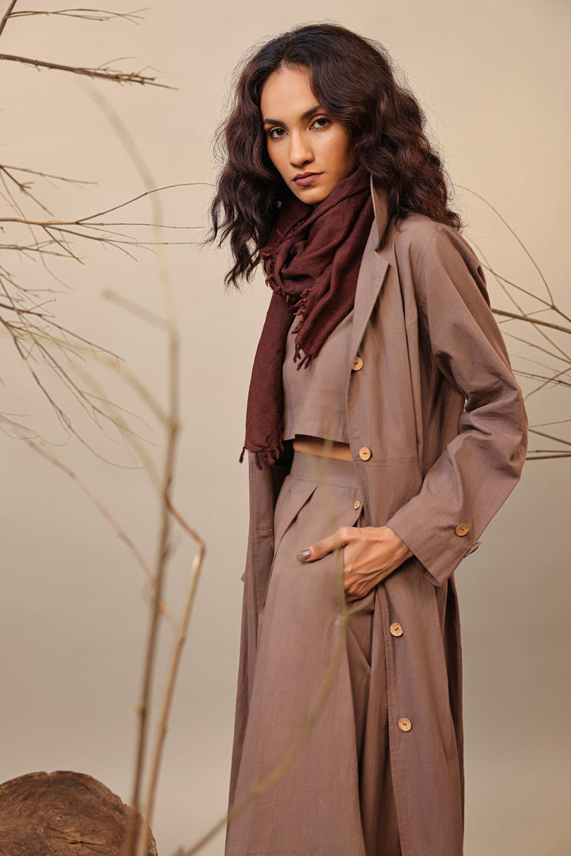Beige Cali Trench Jacket 100% cotton by Mati in beige color for women in Singapore