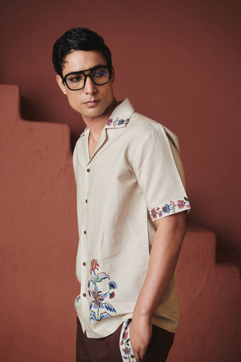 Beige Chintz Co Linen Men's Camp Collar Shirt