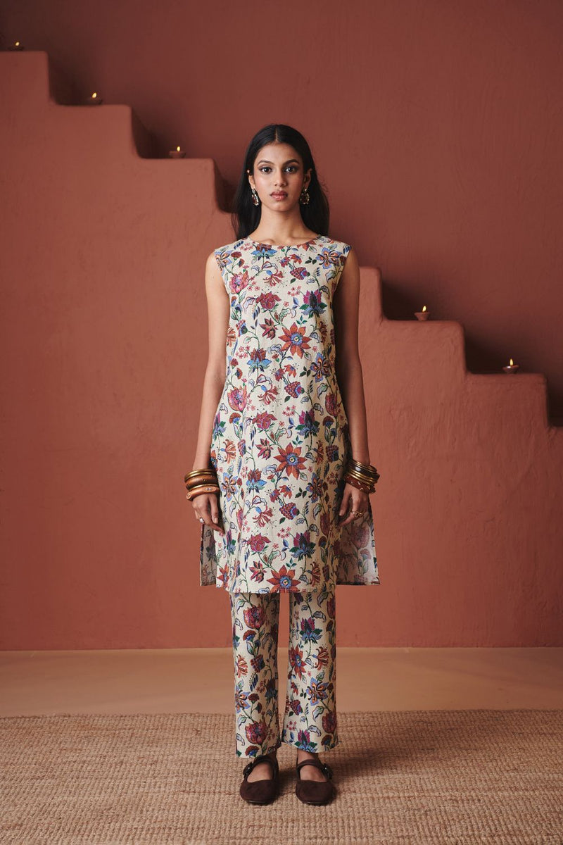 Beige Chintz Co Linen Sleeveless Fitted Kurta Set