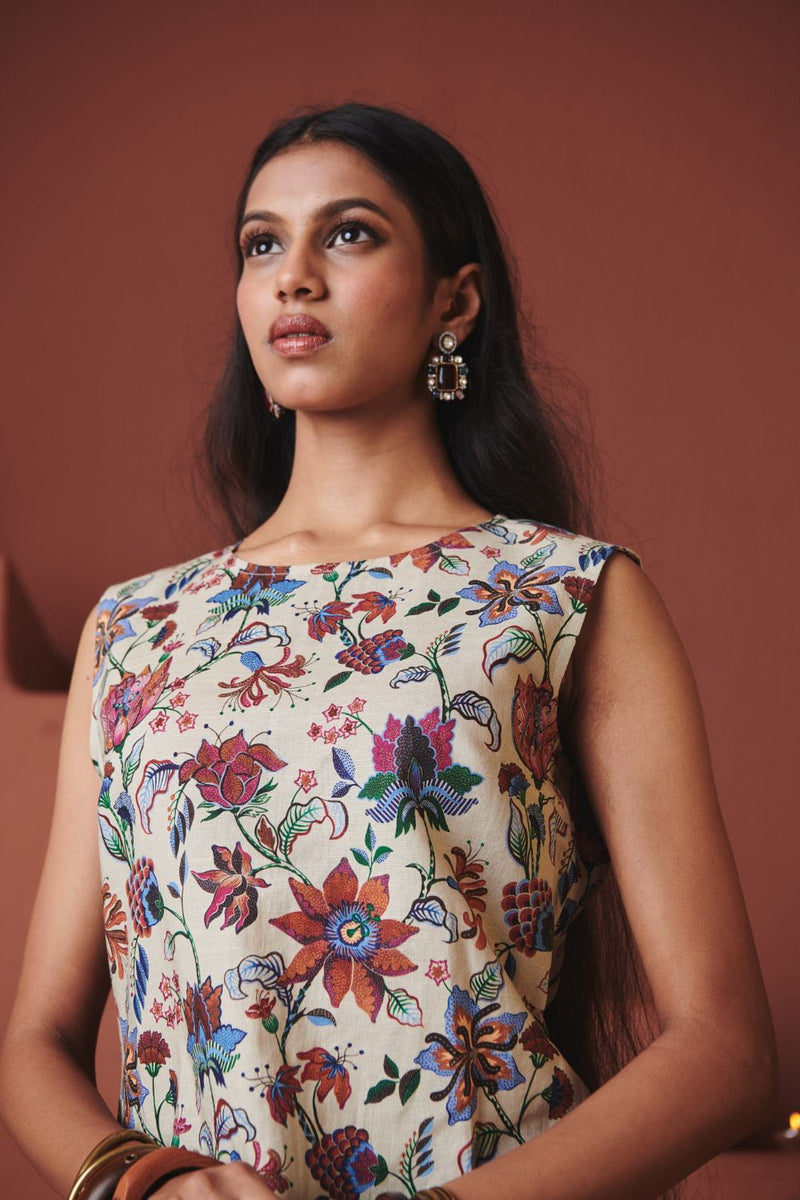 Beige Chintz Co Linen Sleeveless Fitted Kurta Set