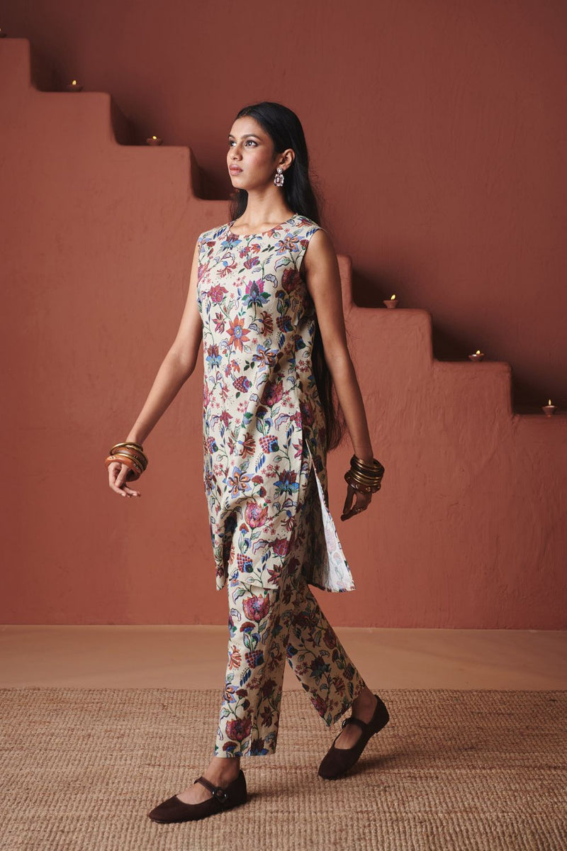 Beige Chintz Co Linen Sleeveless Fitted Kurta Set