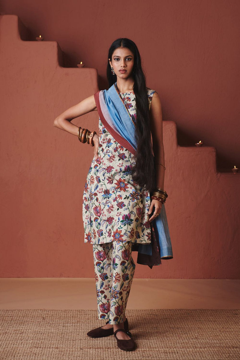 Beige Chintz Co Linen Sleeveless Fitted Kurta Set