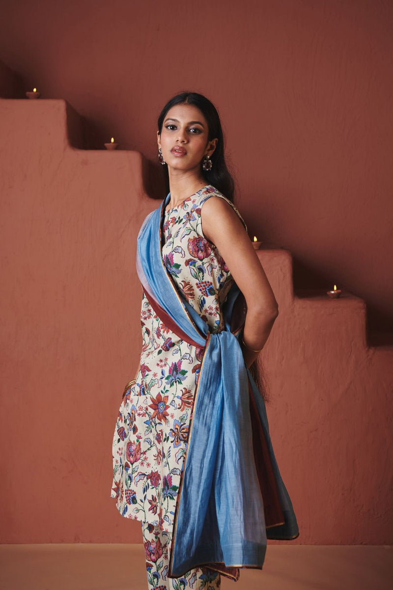 Beige Chintz Co Linen Sleeveless Fitted Kurta Set