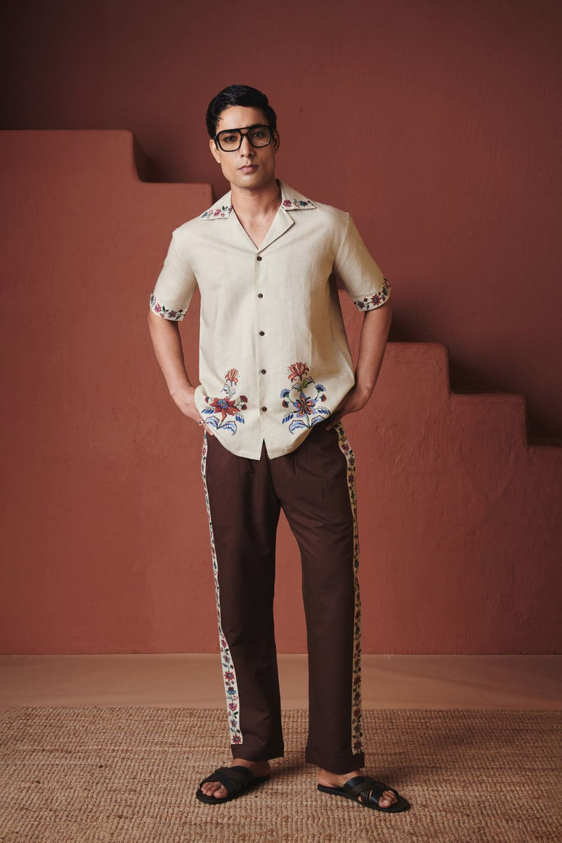 Beige Coffee Chintz Co Linen Men's Camp Collar Shirt Set