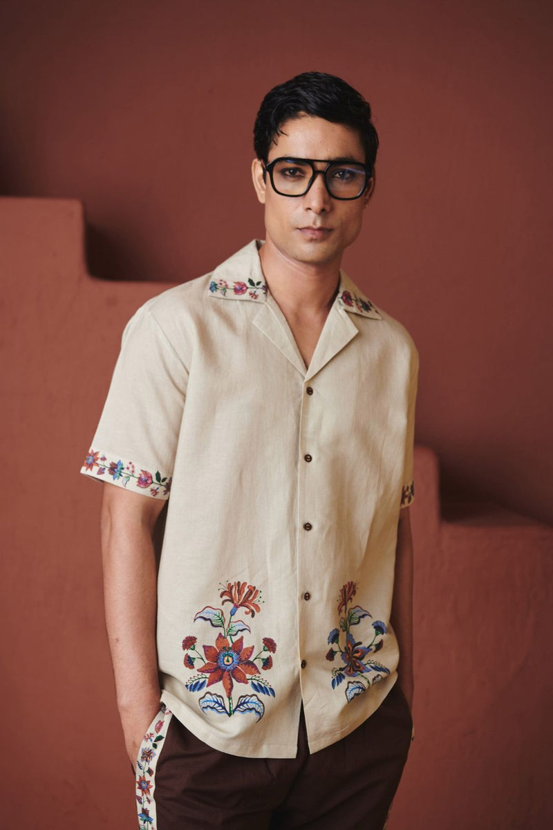 Beige Coffee Chintz Co Linen Men's Camp Collar Shirt Set
