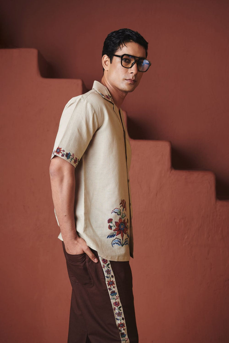 Beige Coffee Chintz Co Linen Men's Camp Collar Shirt Set