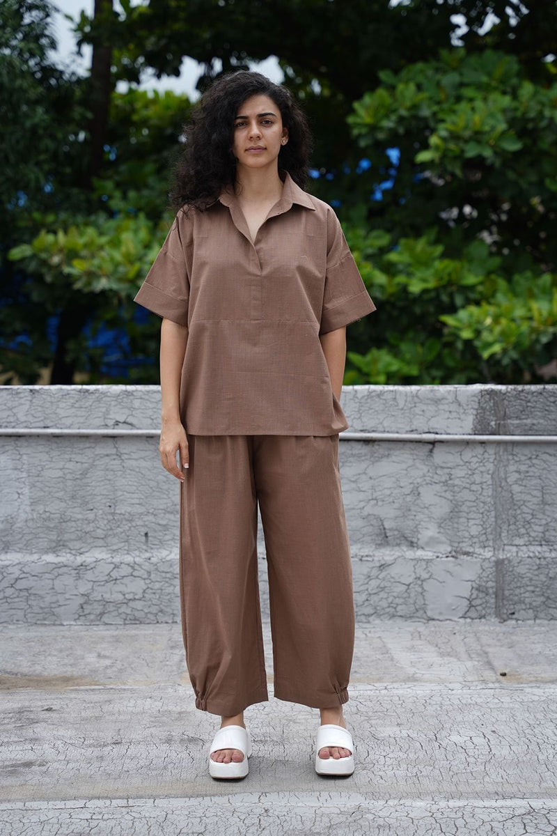 Beige Ekin Shirt & Hera Cotton Co-Ord Set (2 PCS) cotton by Mati in beige color for women in Singapore