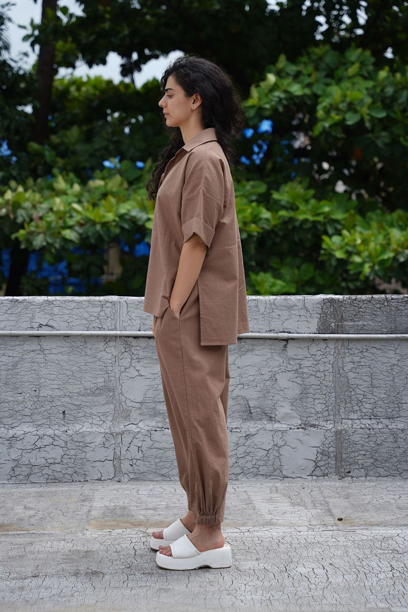 Beige Ekin Shirt & Hera Cotton Co-Ord Set (2 PCS) cotton by Mati in beige color for women in Singapore