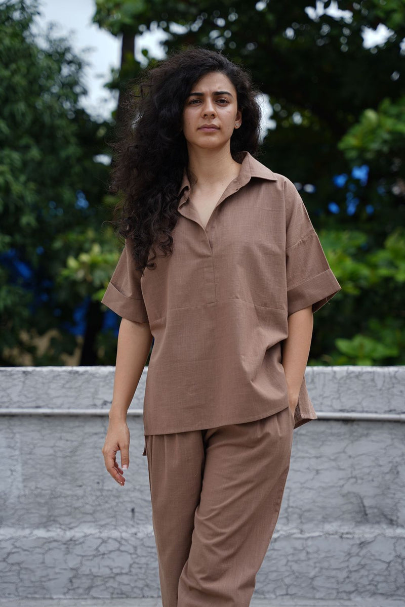Beige Ekin Shirt & Hera Cotton Co-Ord Set (2 PCS) cotton by Mati in beige color for women in Singapore