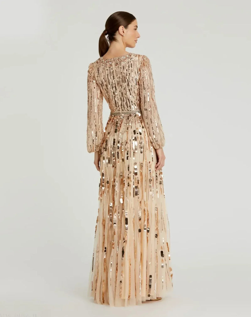 Beige Embellished Mesh Long Sleeve V Neck Gown by Mac Duggal for women in Singapore