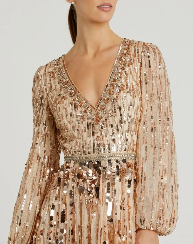 Beige Embellished Mesh Long Sleeve V Neck Gown by Mac Duggal for women in Singapore
