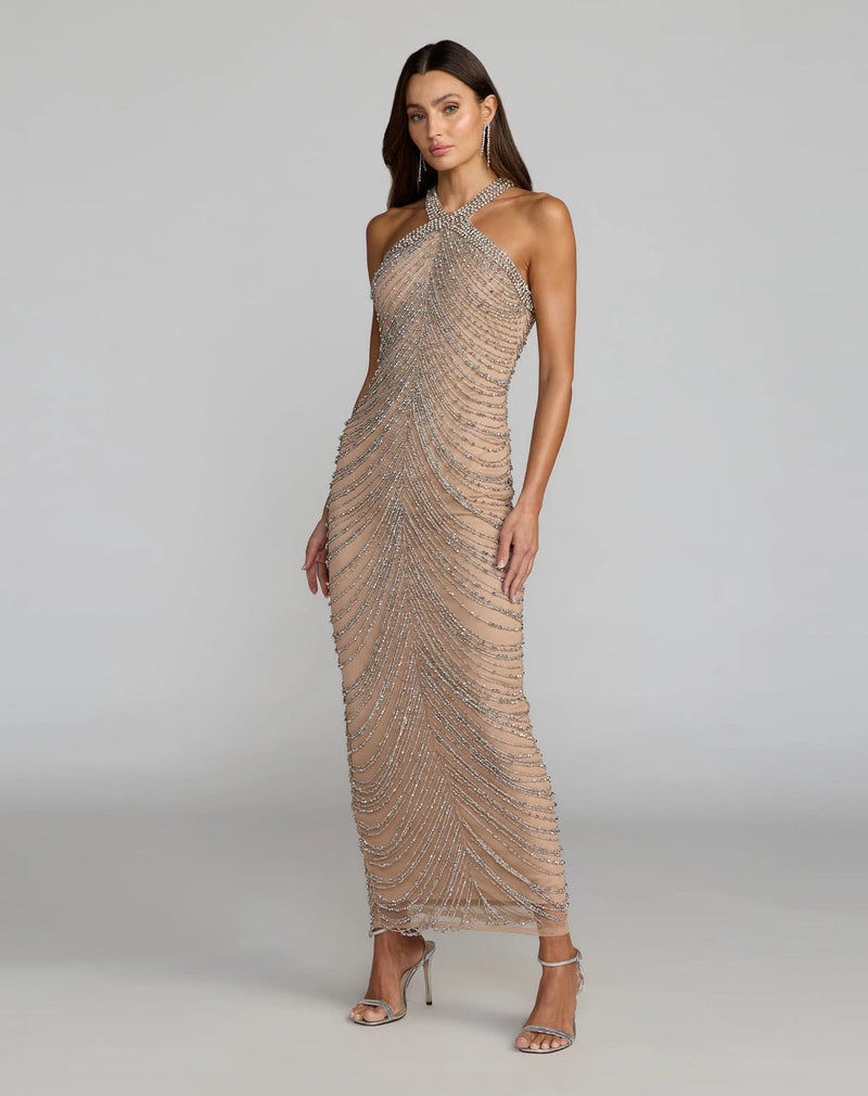 10206-Beige Halter Neck Embellished Maxi Dress polyester evening-gowns by Mac Duggal in grey for women in Singapore