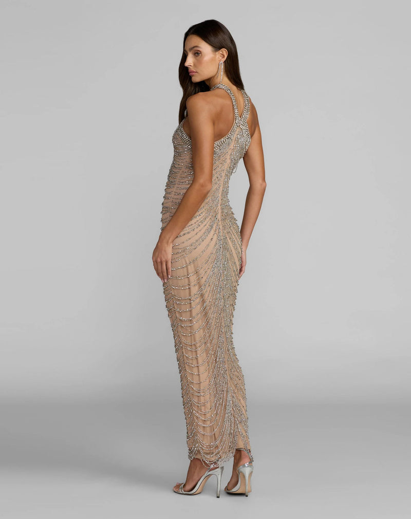 10206-Beige Halter Neck Embellished Maxi Dress polyester evening-gowns by Mac Duggal in grey for women in Singapore