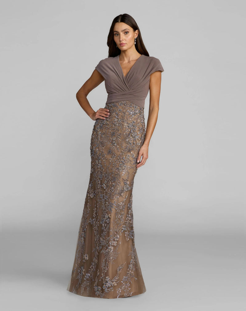 21291-Beige Jersey Wrap Top Floral Sequin Gown polyester evening-gowns by Mac Duggal in multi-color for women in Singapore