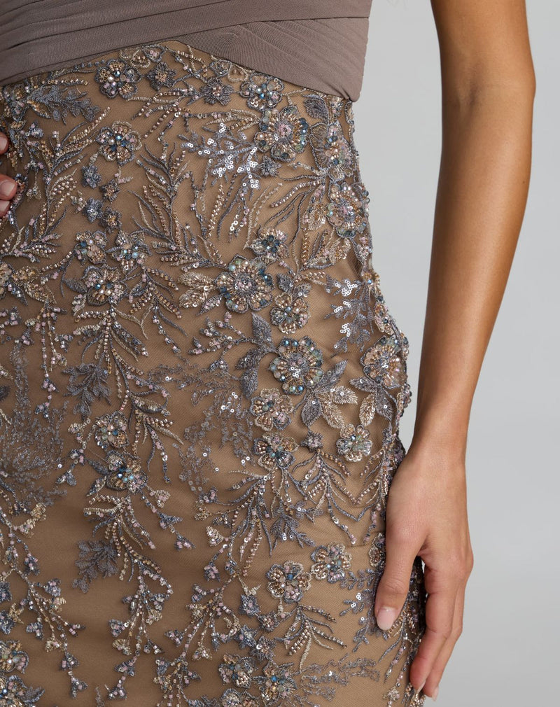 21291-Beige Jersey Wrap Top Floral Sequin Gown polyester evening-gowns by Mac Duggal in multi-color for women in Singapore