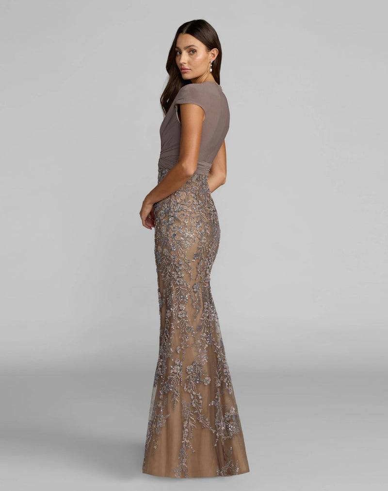 21291-Beige Jersey Wrap Top Floral Sequin Gown polyester evening-gowns by Mac Duggal in multi-color for women in Singapore