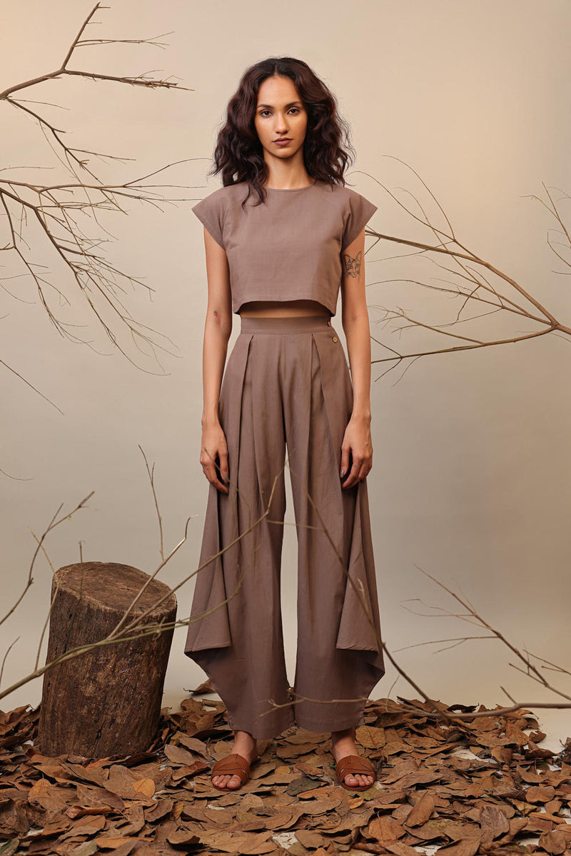 Beige PL Cowl Pants 100% cotton by Mati in beige color for women in Singapore