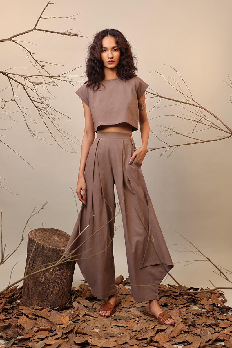 Beige PL Cowl Pants 100% cotton by Mati in beige color for women in Singapore