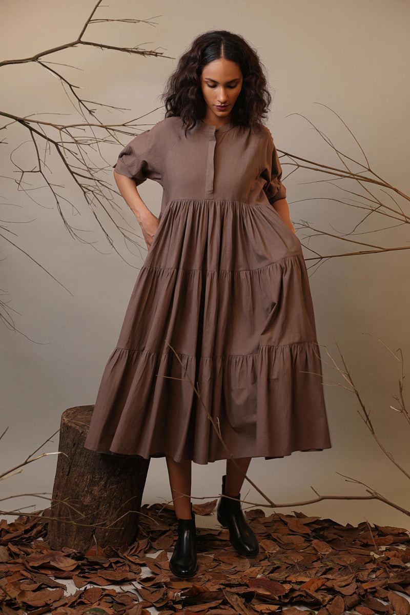 Beige Raglan Tiered Dress 100% cotton by Mati in beige color for women in Singapore