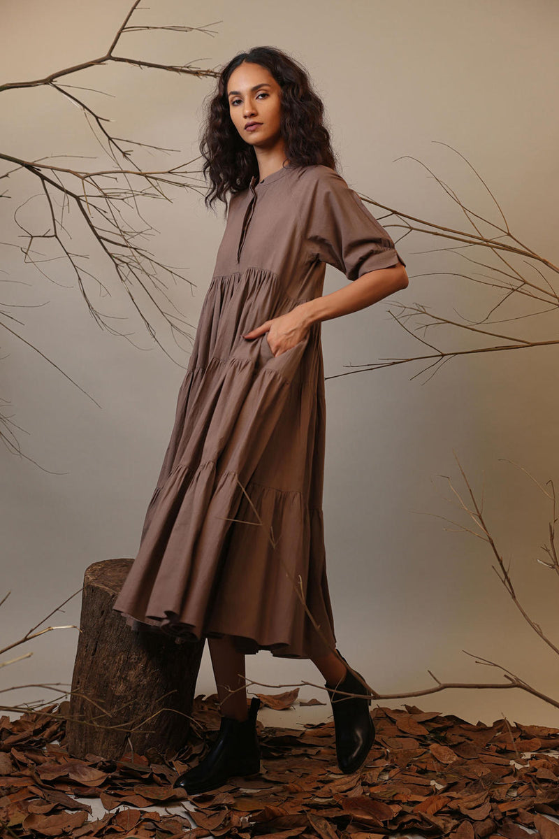 Beige Raglan Tiered Dress 100% cotton by Mati in beige color for women in Singapore