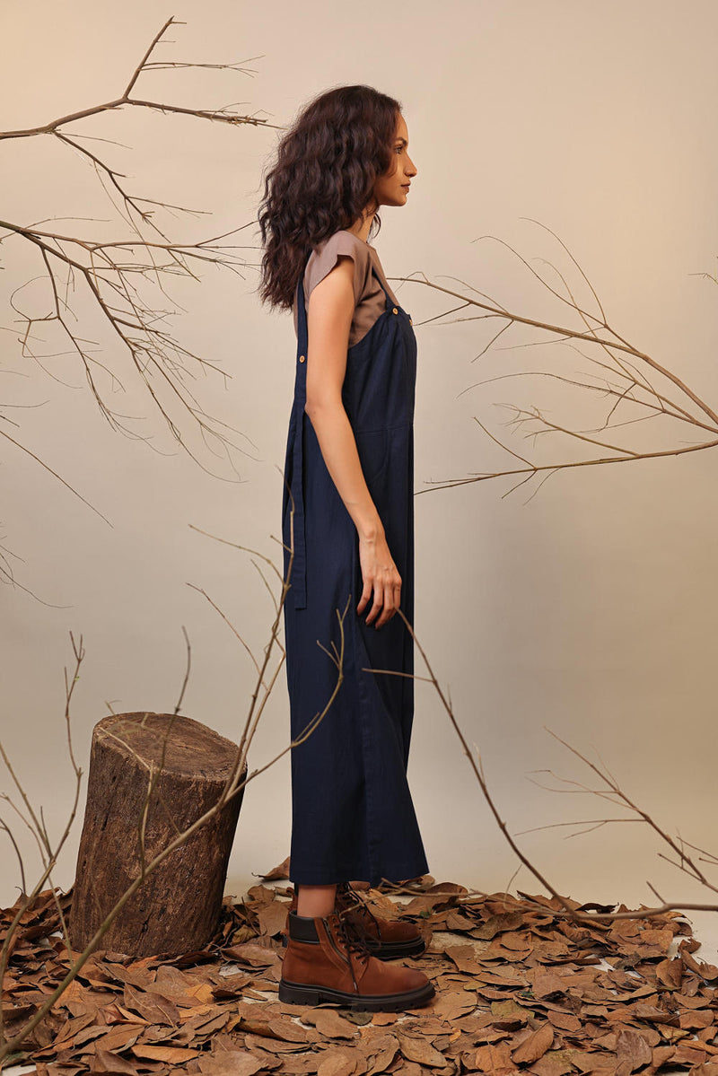 Beige & Blue Dungarees Set (2 PCS) 100% cotton by Mati in multi color for women in Singapore