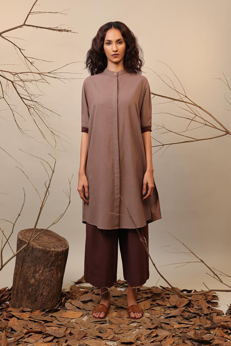 Beige & Brown Shirt Tunic Set (2 PCS) 100% cotton by Mati in multi color for women in Singapore
