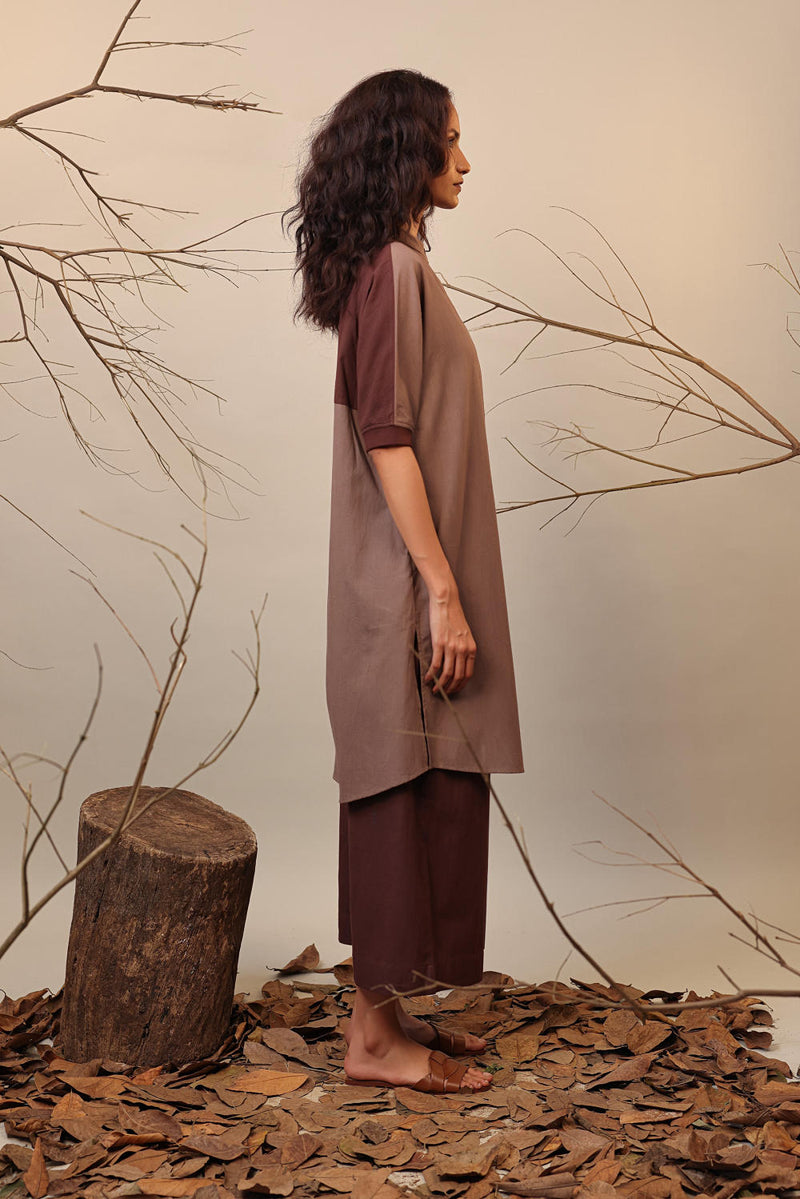 Beige & Brown Shirt Tunic Set (2 PCS) 100% cotton by Mati in multi color for women in Singapore