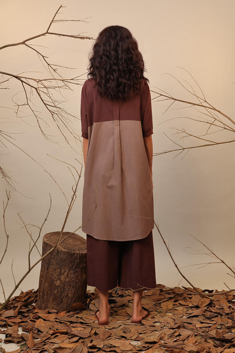 Beige & Brown Shirt Tunic Set (2 PCS) 100% cotton by Mati in multi color for women in Singapore
